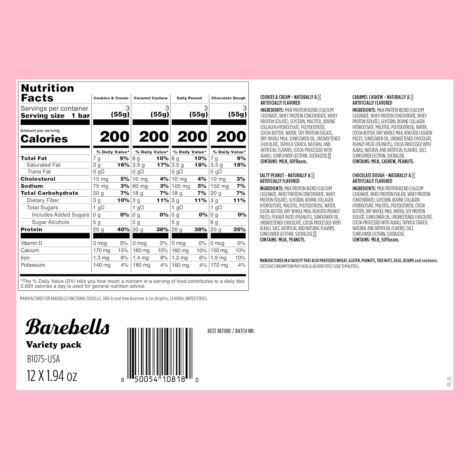 Barebells Classics Protein Bars Variety Pack, 24 Bars, 20g Protein