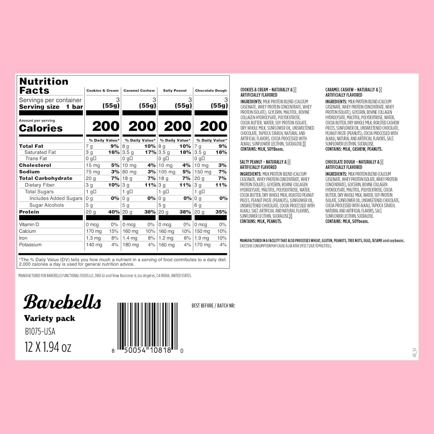 Barebells Classics Protein Bars Variety Pack, 12 Bars, 20g Protein
