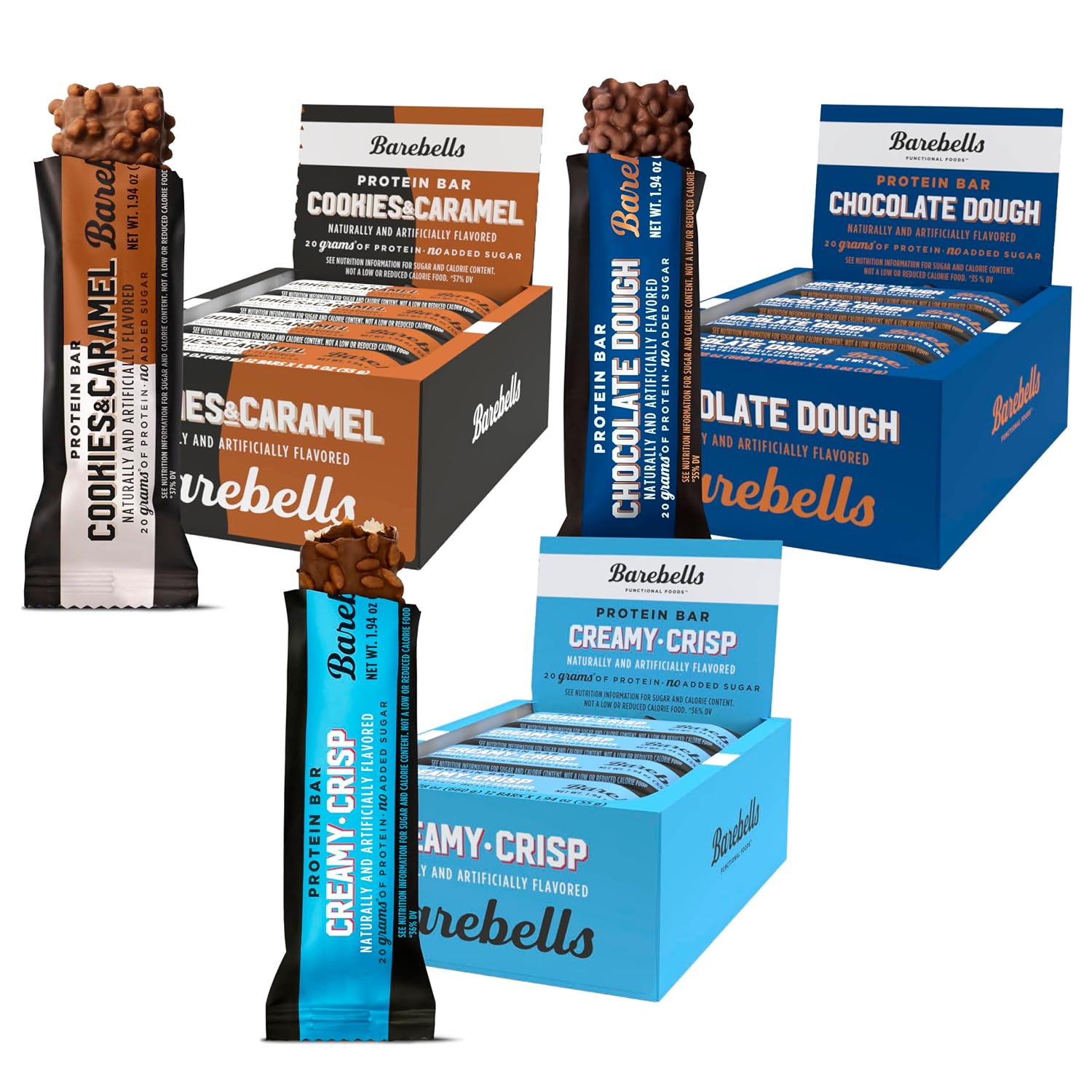 Barebells Starter Pack (3 Mix Pack) – 36 Total Bars, High Protein Snack, with 20g Protein & No Added Sugar – On-the-Go Breakfast or Post-Workout Treat, Cookies and Caramel, Creamy Crisp, Chocolate Dough