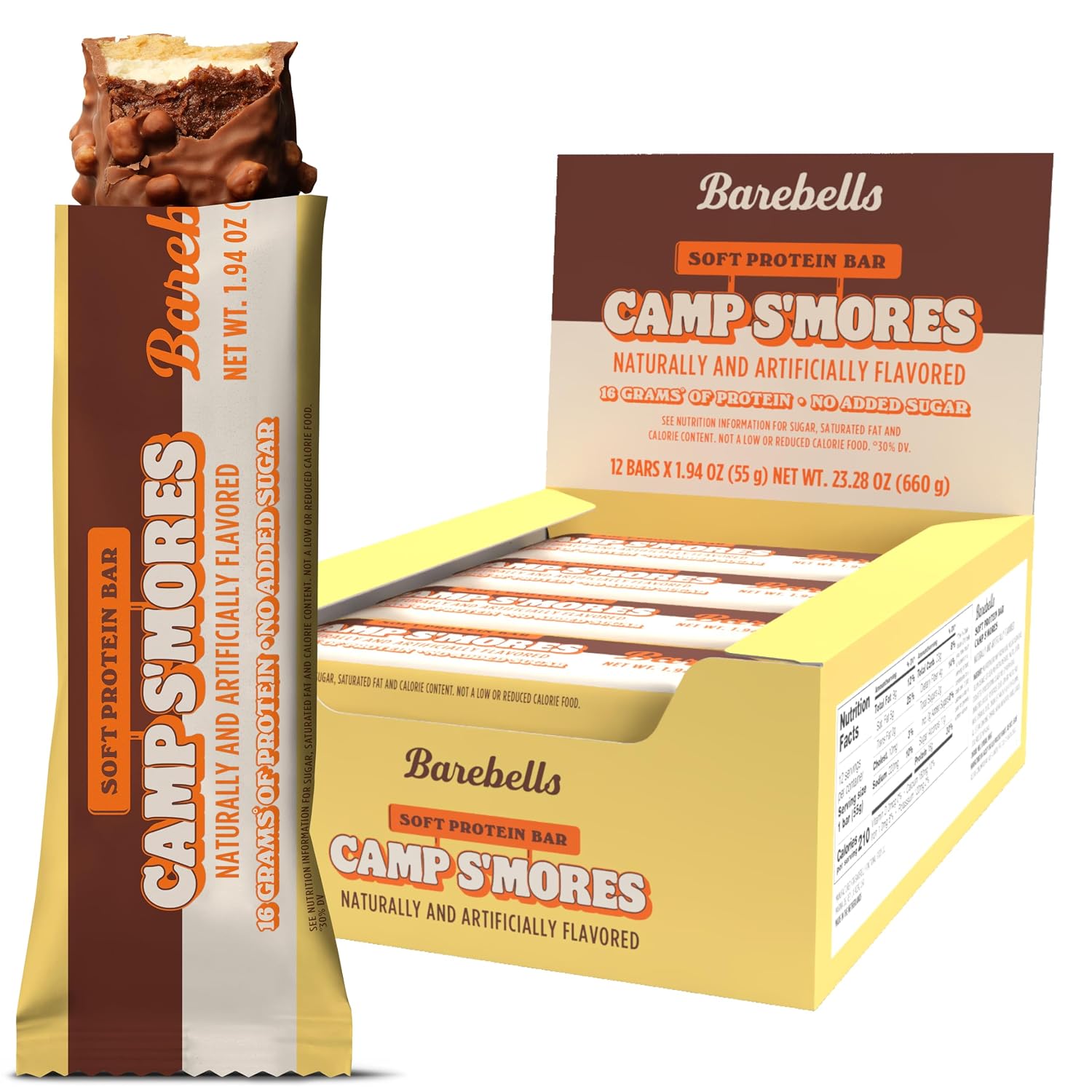 Barebells Protein Bar – Camp S'mores | 16g Protein, No Added Sugar, Chocolate, Marshmallow & Cracker Flavor, Soft Texture, 12 Count