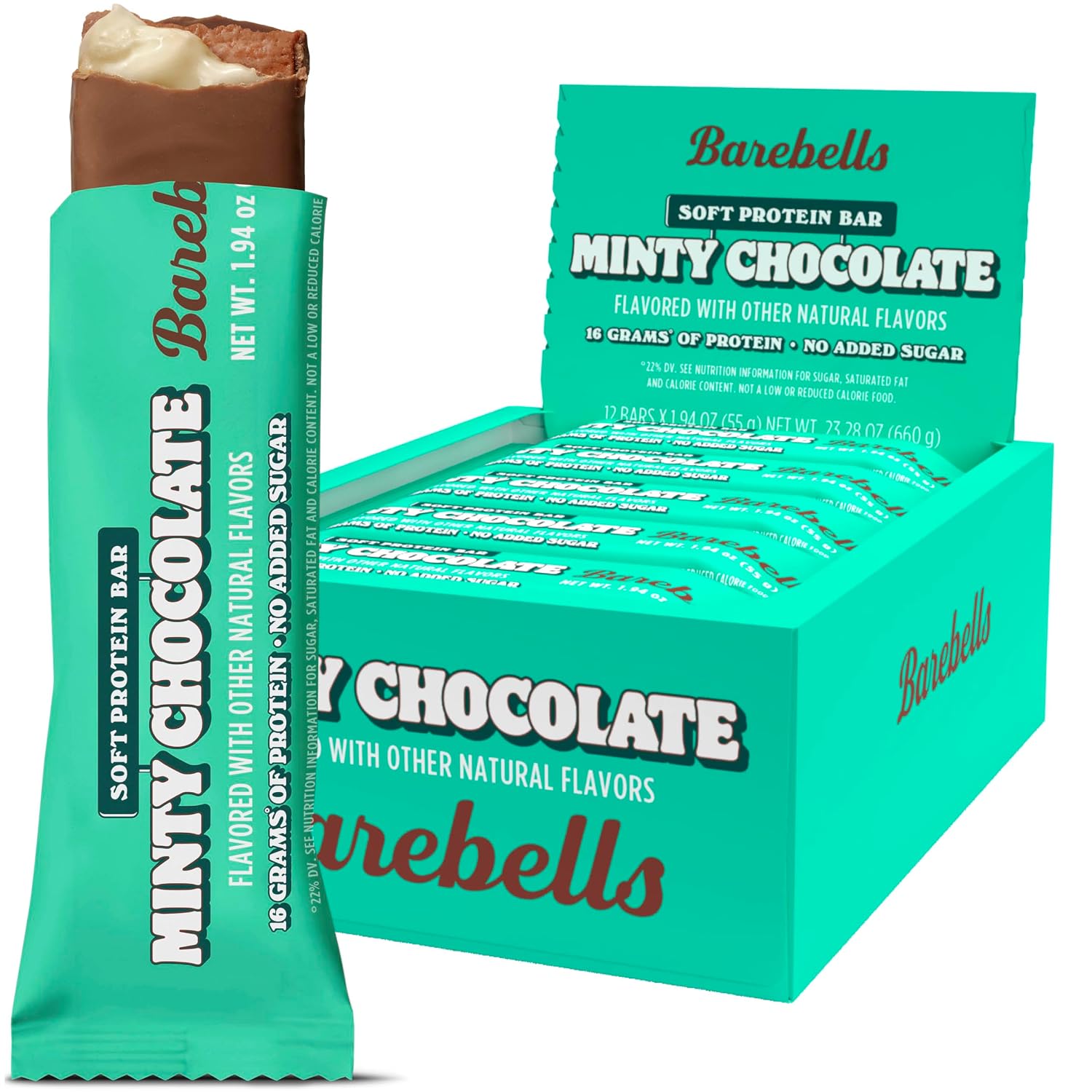Barebells Soft Protein Bars, Minty Chocolate - 12 Count, Pack of 1, 16g High Protein Treats - Chocolate Nutrition Bar with 1g Total Sugars - On The Go Breakfast or Post-Workout Snack