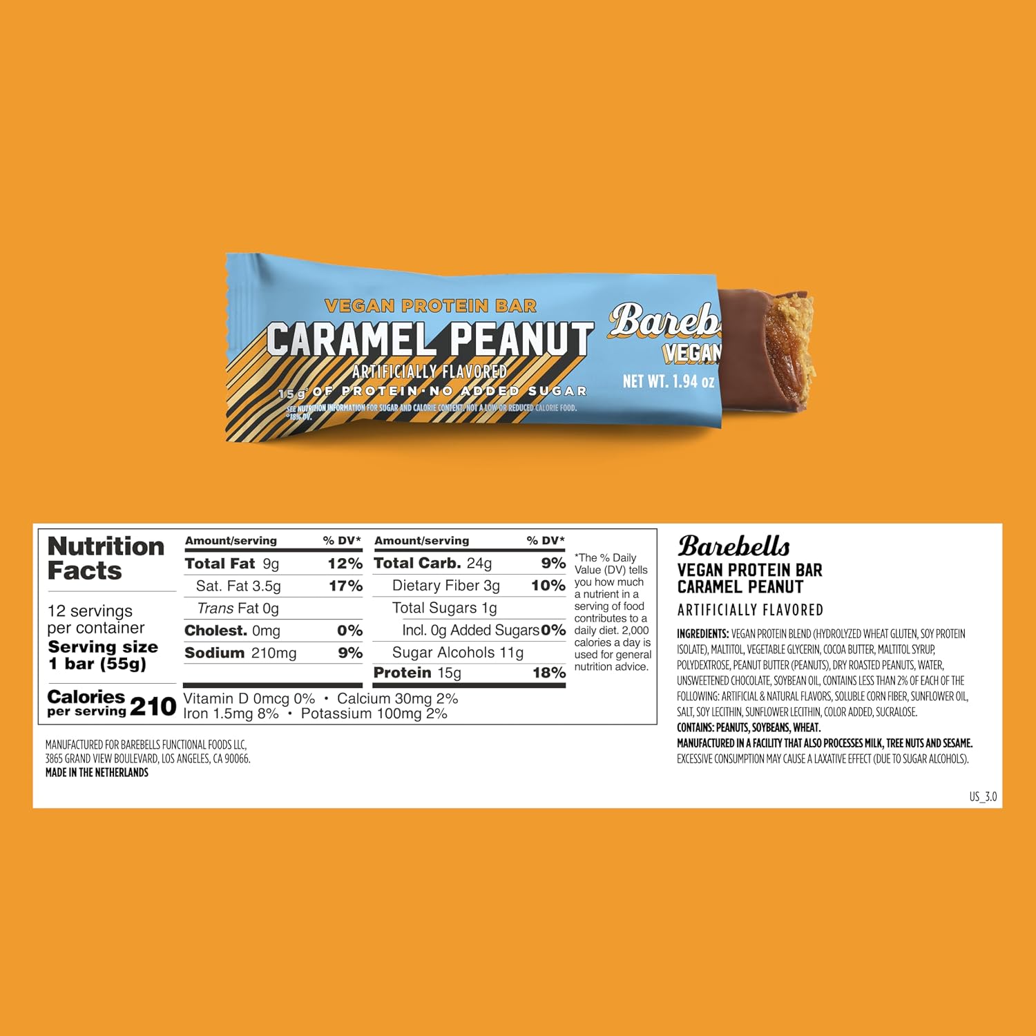 Barebells Vegan Protein Bars Peanut Caramel, 24-Pack