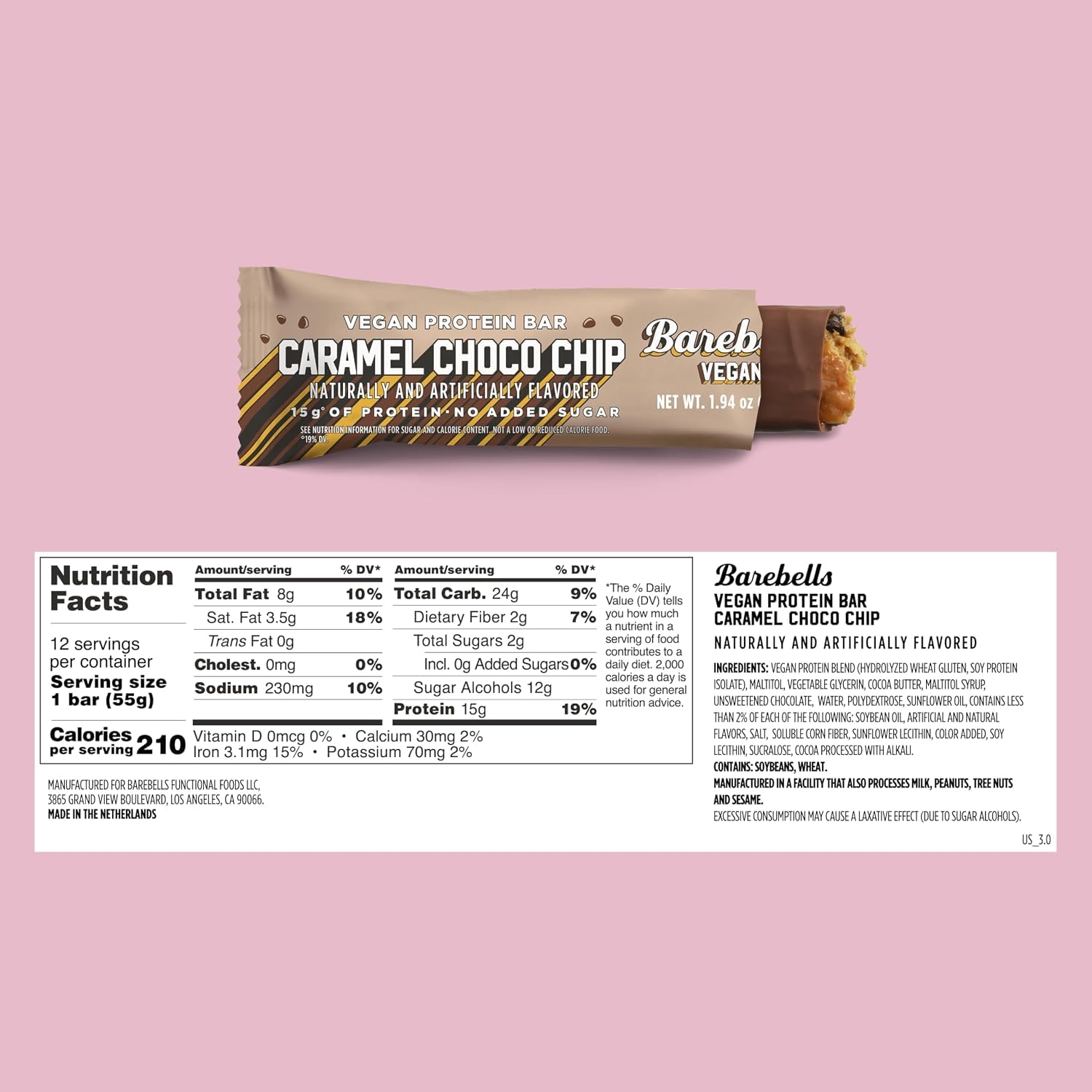 Barebells Vegan Protein Bars Caramel Choco Chip, 12-Pack
