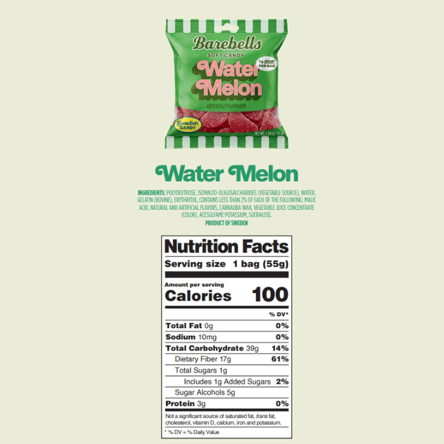 Barebells Water Melon Gummy Candy, 1g Sugar, 55g Bags, 14 Pack