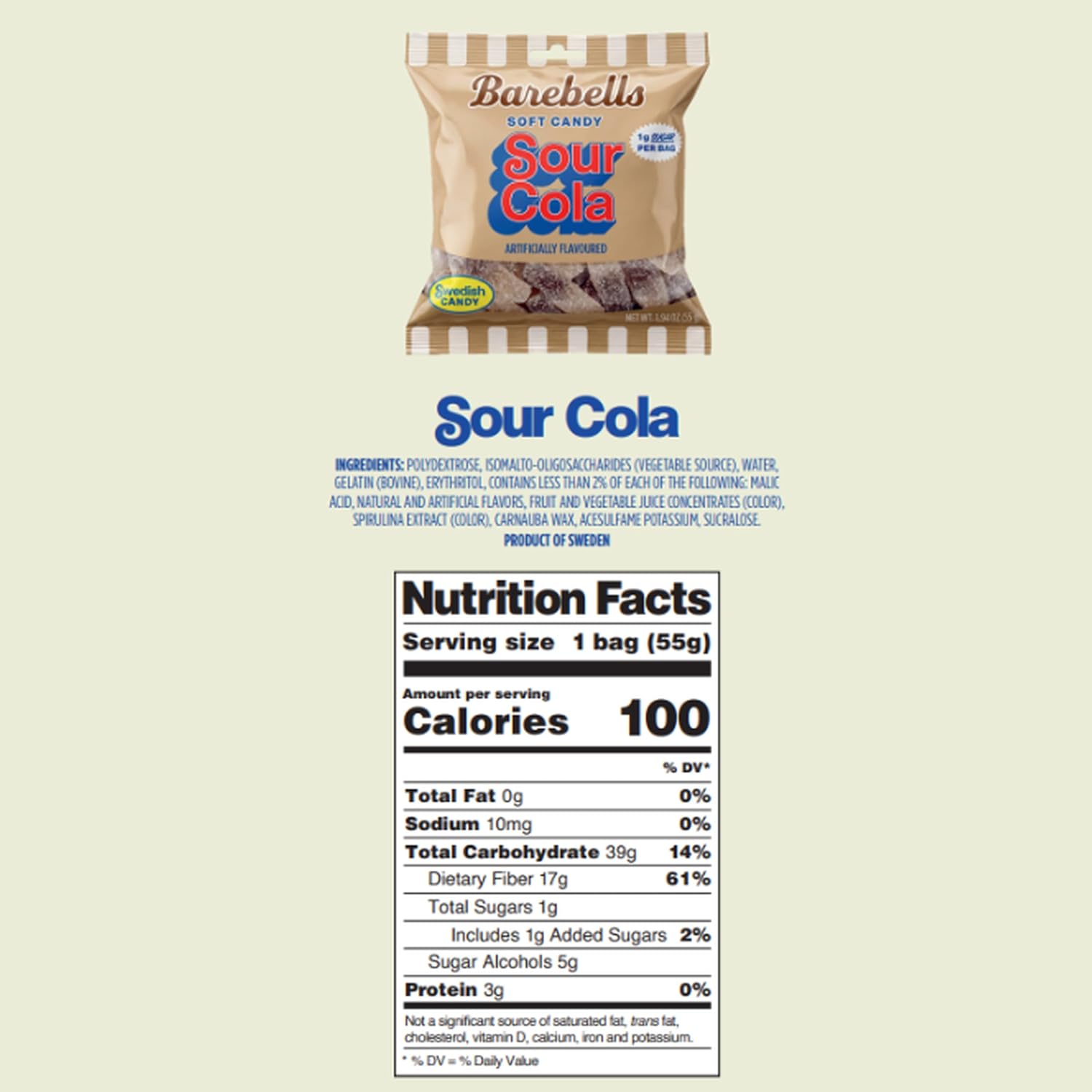 Barebells Sour Cola Gummy Candy, 1g Sugar, 55g Bags, 14 Pack