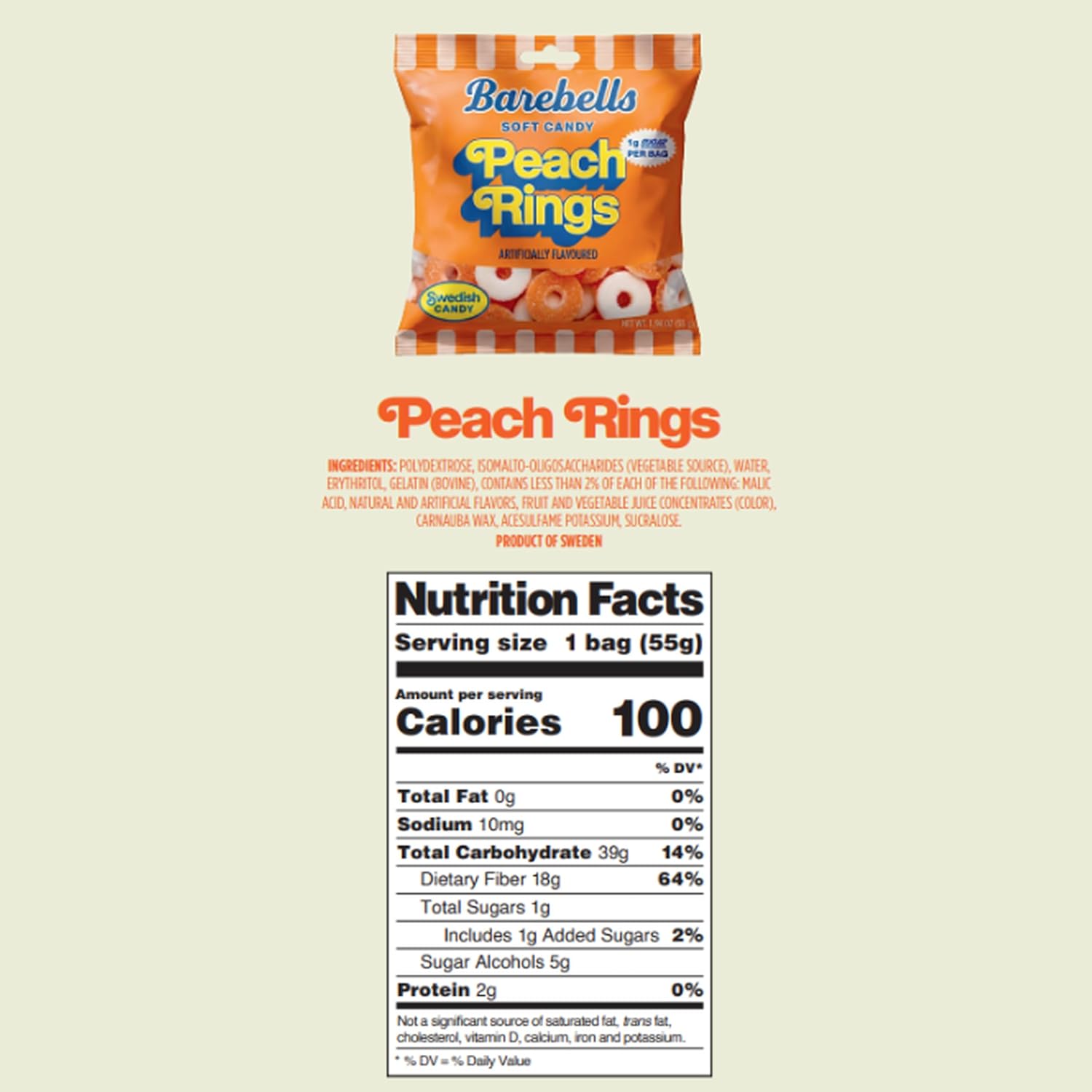 Barebells Peach Rings Gummy Candy, 1g Sugar, 55g Bags, 14 Pack