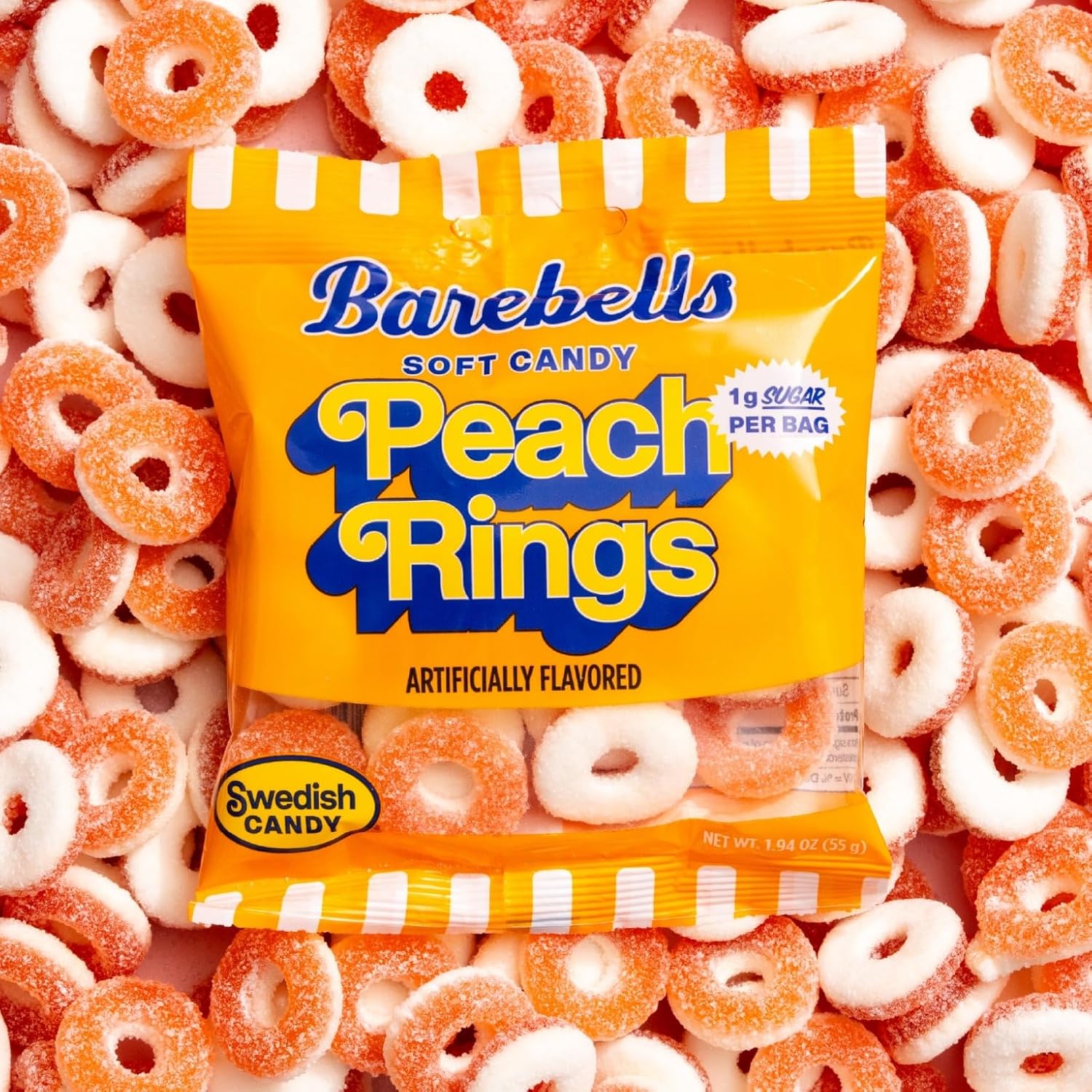 Barebells Peach Rings Gummy Candy, 1g Sugar, 55g Bags, 14 Pack