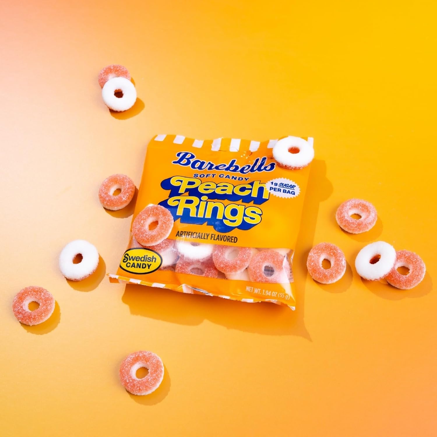 Barebells Peach Rings Gummy Candy, 1g Sugar, 55g Bags, 14 Pack
