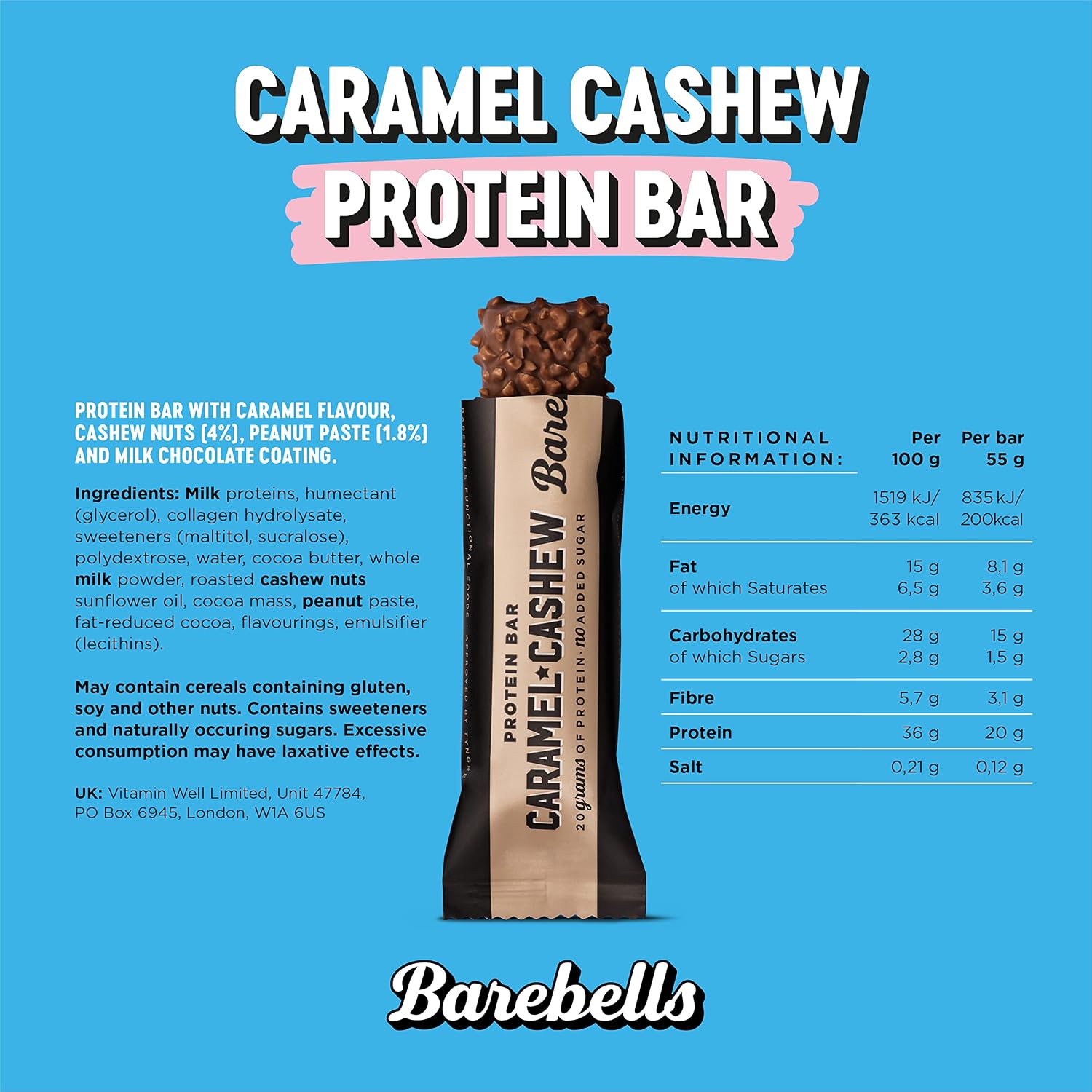 Barebells Protein Bar 55g x 12 bars (Caramel & Cashew)