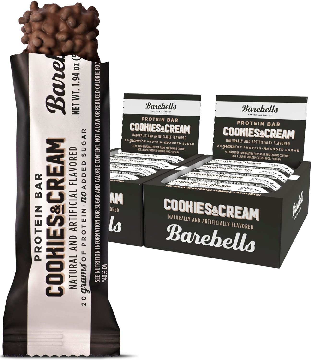 BAREBELLS Protein Bars Cookies & Cream - 12 Count, Pack of 2 - Protein Snacks with 20g of High Protein - Chocolate Protein Bar with 1g of Total Sugars - On The Go Protein Snack & Breakfast Bars…